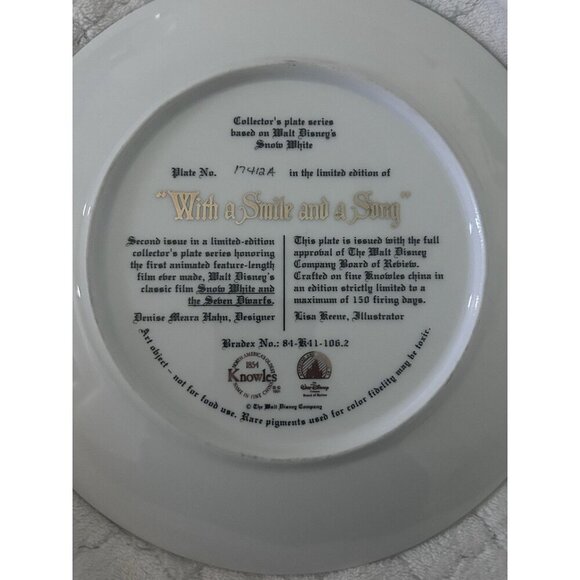 Disney Knowles Collector Plate Snow White With A Smile And A Song 1991 - Picture 3 of 4